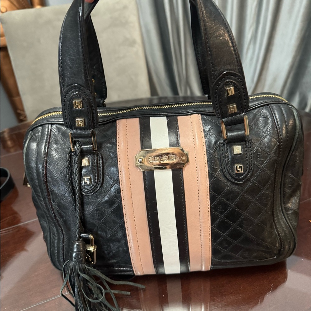 L.A.M.B. Black and Tan Satchel with Stripes